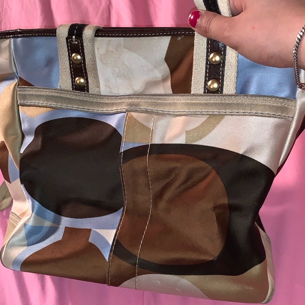 big beautiful shiny coach tote bag, blue interior